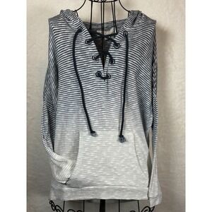 Vintage Havana Womens Small Sweater Blue White Striped Ombre Knit Hoodie Lace-Up